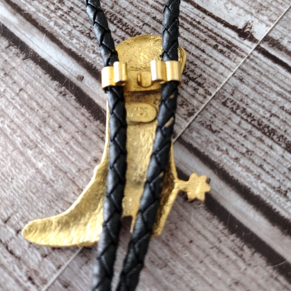 Vintage Gold-Tone Western Spur Boot Black Braided Rope Bolo Tie/Necklace O/S USA - Picture 5 of 7